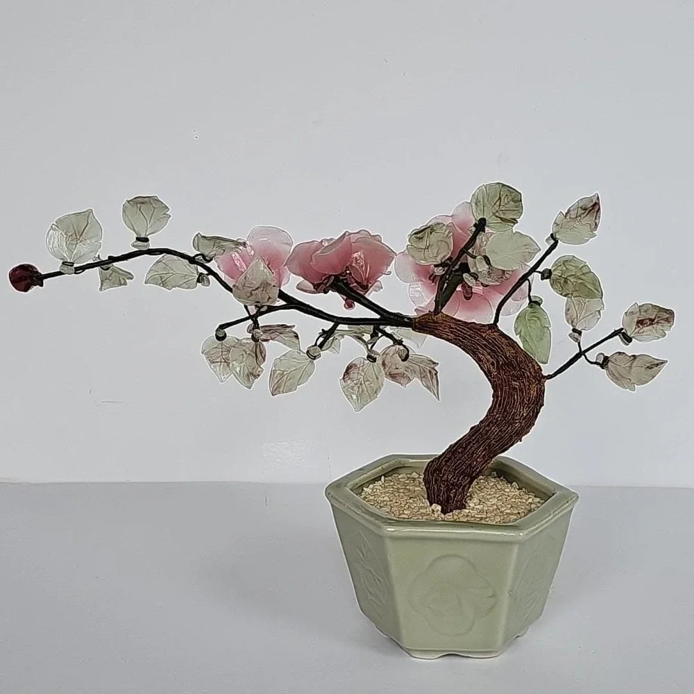 Vintage‎ Chinese Glass Bonsai Tree Pink Cherry Blossom Celadon Pot Chinoiserie